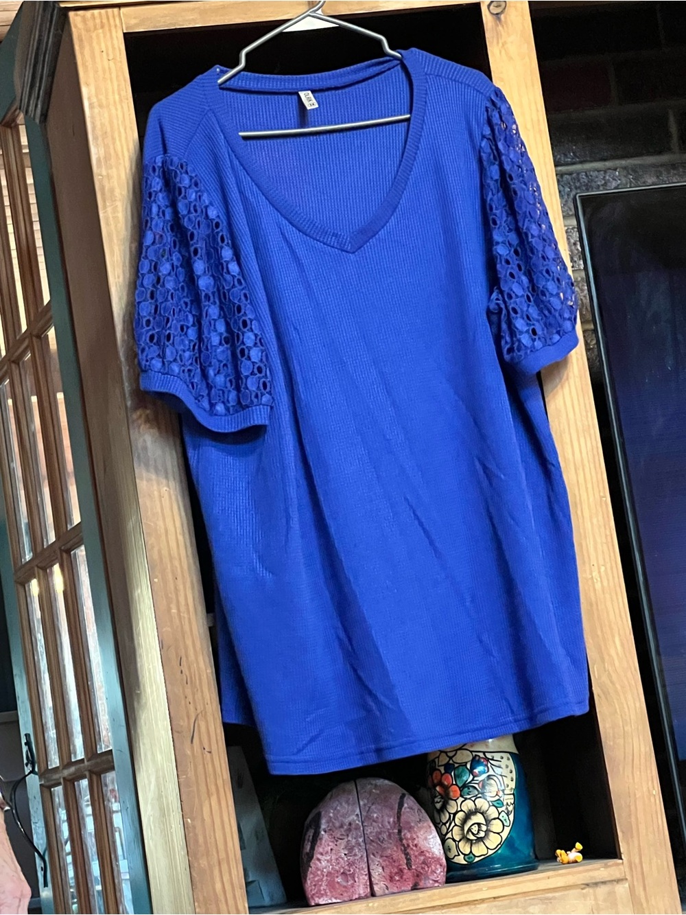 V-Neck Puff Sleeve Knit Blouse in Royal Blue